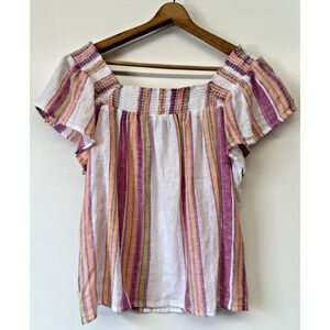 RAILS Small Peasant Off the Shoulder Blouse Sonora Hibiscus Stripe Linen Blend
